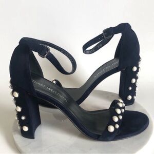 Stuart Weitzman Navy Pearl-Embellished Heels